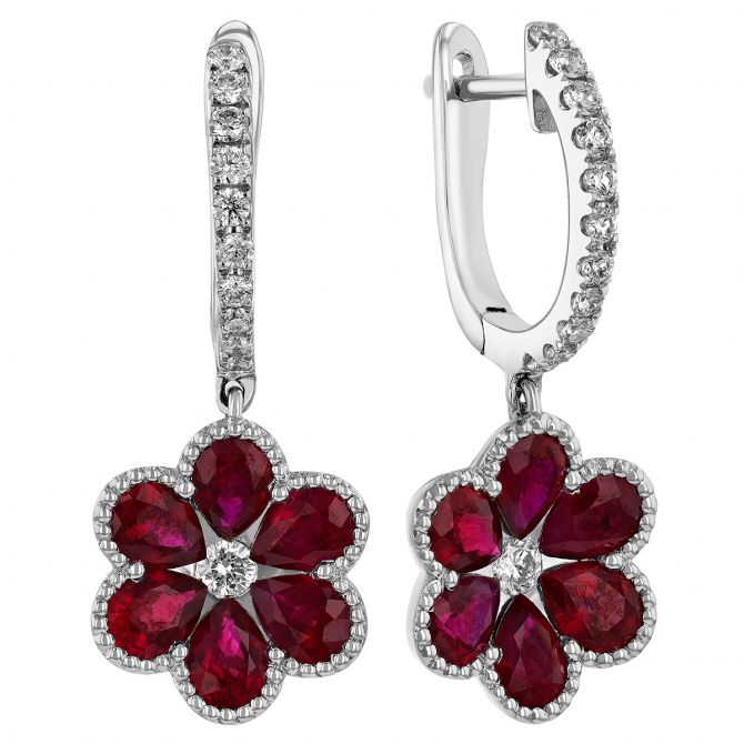RubyDiaFlowerEarrings Pear Shaped Ruby & Diamond Flower Dangle Hoop Earrings in White Gold