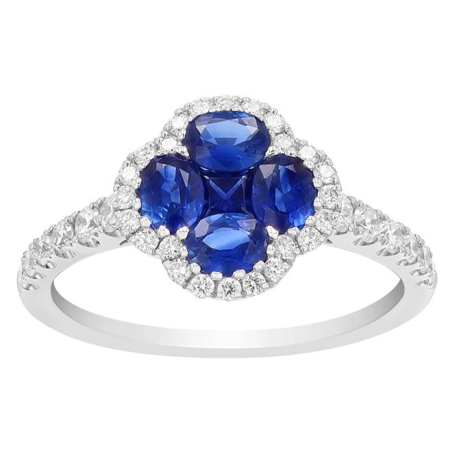 SapphireRing Sapphire Cluster Clover & Diamond Halo Ring in White Gold