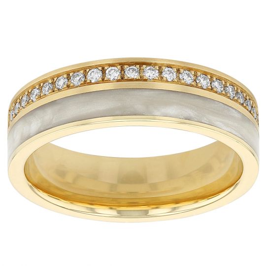 yellow gold & white ceramic wedding ring with diamonds